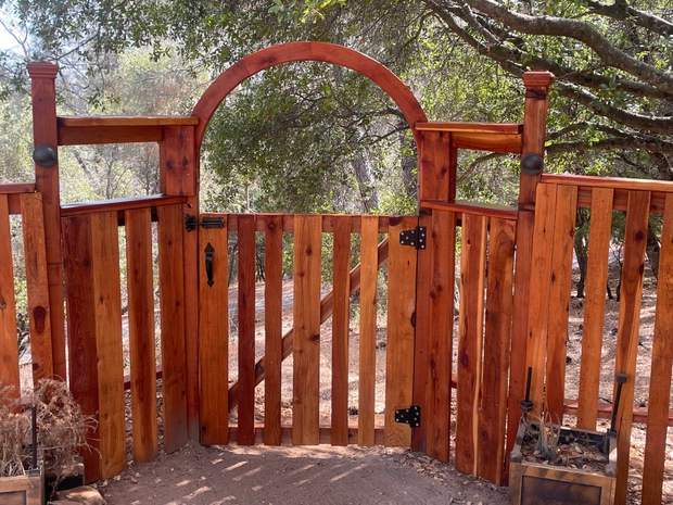 Custom redwood garden arch and gate